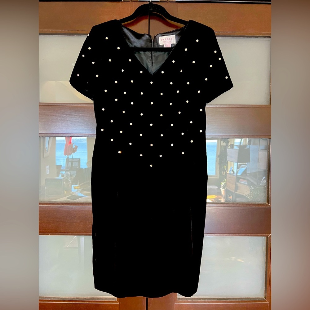 Vintage Papell black velvet dress with rhinestones
